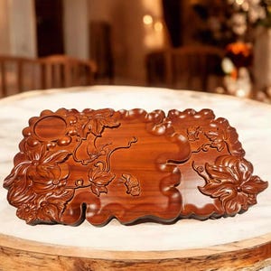Handcrafted Rosewood Tea Tray: Floral Carved Wood Serving Platter