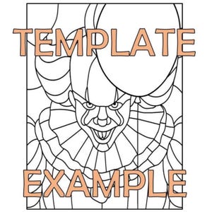 May include: A black and white line drawing of a clown with a ruffled collar and a sinister grin. The words "TEMPLATE" and "EXAMPLE" are in orange block letters. The clown's face is detailed with lines, and the image is framed.