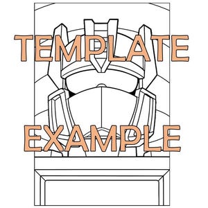 Op de afbeelding: Zwart-witte lijntekening van een robotgezicht, met de woorden "TEMPLATE" en "EXAMPLE" in oranje blokletters. Het gezicht van de robot is gecentreerd, met geometrische vormen eromheen.