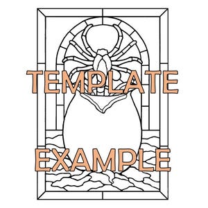 May include: Black and white line art of a stained glass design. The design features a central shape with a spider-like figure above it. The words "TEMPLATE" and "EXAMPLE" are written in orange letters.