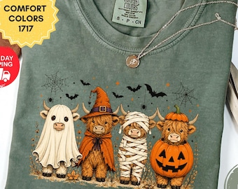 Comfort Colors Highland Cow Halloween Tee, Western Ghost Pumpkin Cow Shirt, Fall Farm Animal