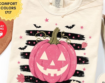 Comfort Colors Pink Pumpkin Halloween Shirt, Retro Spooky Fall Tee, Vintage Girl Fall T-Shirt