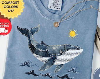 Comfort Colors Faux Patchwork Whale Shirt, Coastal Ocean Tee, Denim Effect Whale T-Shirt