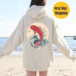Japanese Koi Fish Hoodie, Vintage Nautical Animal Asian Art Hoodie, Nouveau Japan Hoodie, Unisex Spring Tokyo Style Hoodie, Koi Fish Hoodie