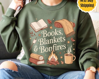 Fall Vibes Sweatshirt, Books Blankets Bonfires Graphic Tee