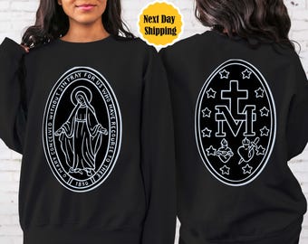 Miraculous Medal Sweatshirt, Virgin Mary Marian Cross, Catholic Gift