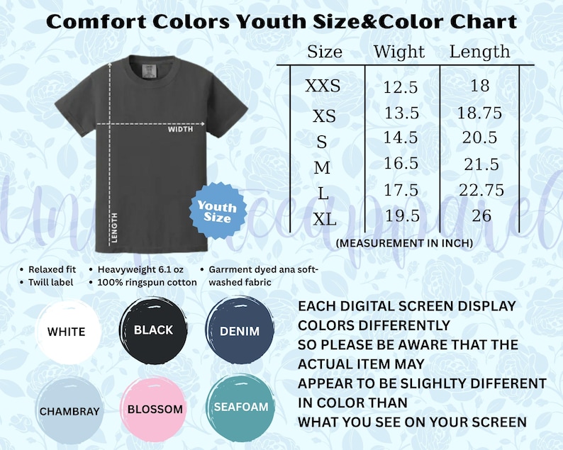 May include: A Comfort Colors youth size and color chart featuring a dark gray t-shirt with width and length measurement lines. A table lists sizes XXS to XL with corresponding measurements in inches. Six color circles are shown with labels.
