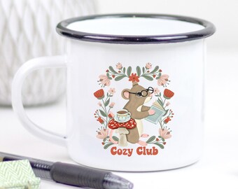 Mouse Reading Book Enamel Mug: Cottage Cozy Coffee Mug