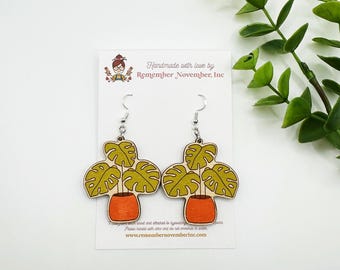 Monstera Plant Earrings, Houseplant Earrings, birch wood, hand painted
