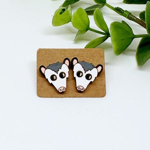 Possum Stud Earrings, Opossum Earrings, birch wood, hand painted