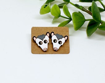 Possum Stud Earrings, Opossum Earrings, birch wood, hand painted