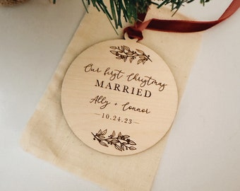 First Christmas ornament, newlywed ornament Custom birch wood ornament, First Christmas Married, Personalize with your wording!