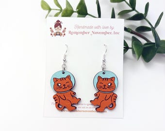Astronaut Cat Earrings: Hand-Painted Birch Wood