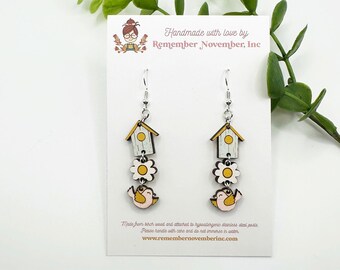 Bird House Earrings, Cottage Earrings, birch wood, hand painted