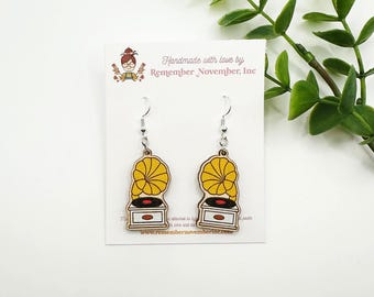 Hand Painted Vinyl Record Earrings: Birch Wood