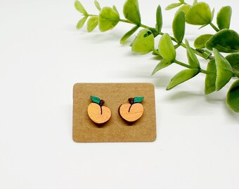 Peach Stud Earrings, Fruit Earrings, Spring, handmade, birch wood, hand painted