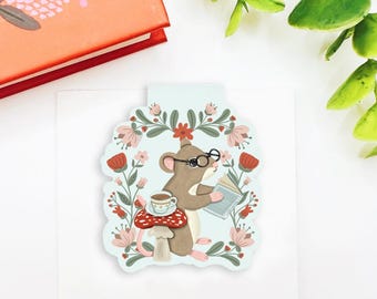 Reading Mouse Magnetic Bookmark, Handmade Bookmark, Cozy