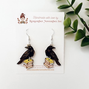 Raven Earrings: Hand-Painted Birch Wood Book Lover Jewelry