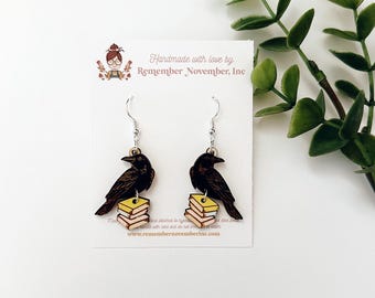Raven Earrings: Hand-Painted Birch Wood Book Lover Jewelry