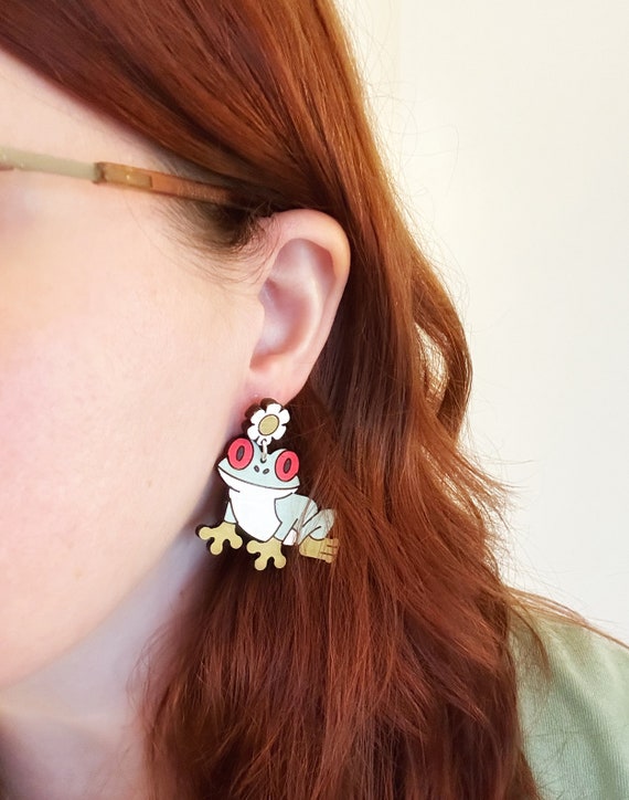 Tree Frog Earrings, Frog Earrings, Statement Earrings, Wood