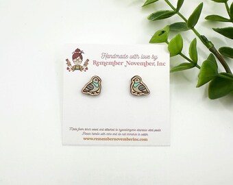 Pigeon Stud Earrings, handmade, birch wood, hand painted