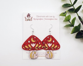 Mushroom Earrings, birch wood, hand painted