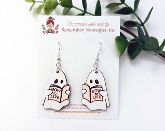 Reading Ghost Earrings: Hand-Painted Birch Wood Book Lover Jewelry, Halloween Earrings