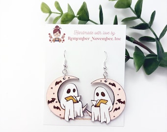 Reading Ghost Earrings: Hand-Painted Birch Wood Book Lover Jewelry, Halloween Earrings