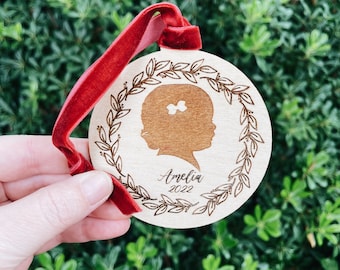 Custom Silhouette Ornament: Hand-Drawn Birch Wood Portrait with Velvet Ribbon