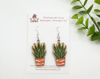 Snake Plant Earrings, Houseplant Earrings, birch wood, hand painted