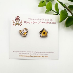 Bird Stud Earrings, Bird House Earrings, Garden Earrings, Wildlife, handmade, birch wood, hand painted