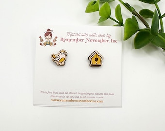 Hand Painted Birch Wood Bird Stud Earrings: Wildlife Garden Jewelry