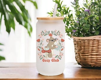 Reading Mouse Glass Can with Lid & Straw: Book Iced Coffee Tumbler
