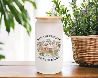 Read Banned Books Frosted Glass Can Tumbler with Lid & Straw, Iced Coffee Tumbler