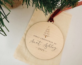 Custom Engraved Birch Wood Ornament: First Christmas As Aunt