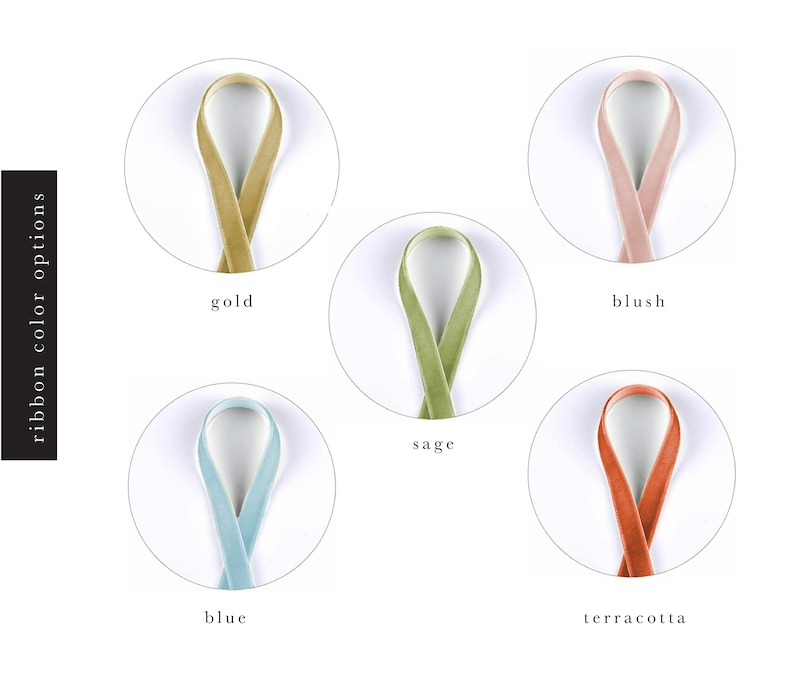 May include: Five different colors of velvet ribbon, displayed in circles on a white background. The colors are gold, blush, sage, blue, and terracotta.