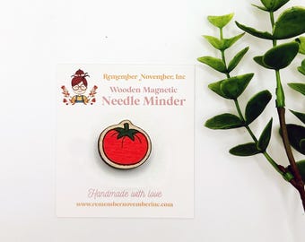Handmade Tomato Needle Minder: Handmade Wooden Magnetic Needle Keeper, Brooch