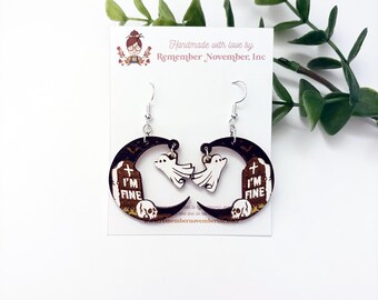 Tombstone Earrings: Hand-Painted Birch Wood, Halloween Ghost Earrings
