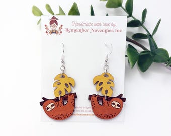 Sloth Earrings: Hand-Painted Birch Wood