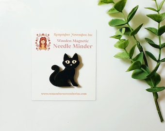 Black Cat Needle Minder: Handmade Wooden Magnetic Needle Keeper, Brooch