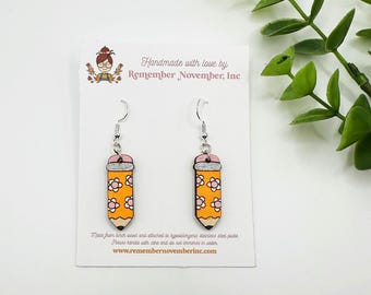 Teacher Earrings, Pencil Earrings, birch wood, hand painted
