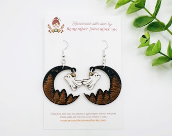 Halloween Dangle Earrings, birch wood, hand painted, Ghost Earrings