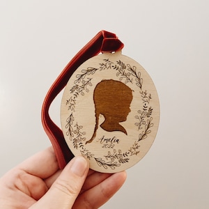 Silhouette ornament, Custom birch wood silhouette ornament, hand drawn, laser engraved