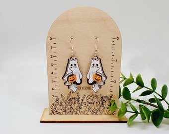 Hand-Painted Ghost Cat Earrings: Birch Wood Halloween Dangles