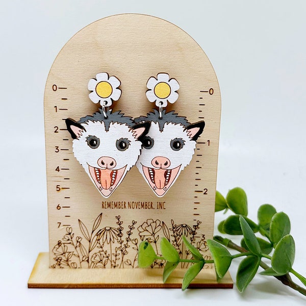 Possum Dangle Earrings, Opossum Earrings, birch wood, hand painted