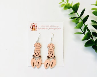 Hand Painted Lobster Earrings: Birch Wood Nautical Jewelry