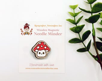 Handpainted Mushroom Needle Minder: Handmade Wooden Magnetic Needle Keeper, Brooch