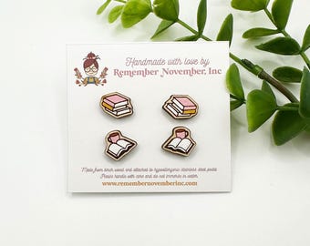 Hand Painted Book Stack Stud Earrings: Birch Wood Literary Jewelry