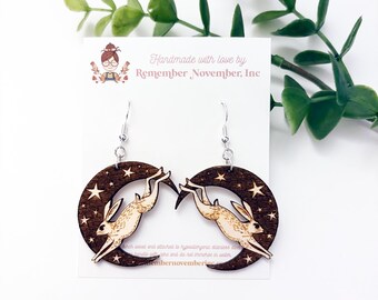 Rabbit Crescent Earrings: Hand-Painted Birch Wood