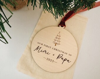 Custom Grandparent Christmas Ornament: Engraved Birch Wood, First Christmas